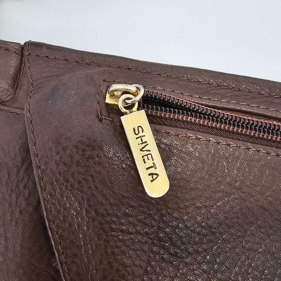 HTF Shveta Genuine Leather Cross Body Sling Bag Asymmetrical Purse Brown 14"x7" - Picture 2 of 9